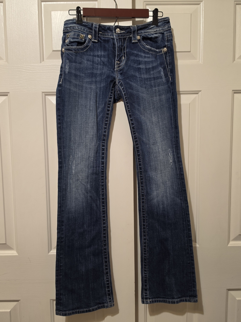 Miss Me Bootcut Jeans Size 27 Fleur de Lis Rhinestone Studded Dark Wash JE5796BL